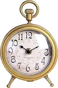 NIKKY HOME Metal Small Vintage Table Clock Decorative with Pocket Watch Shape Distressed Gold Finish