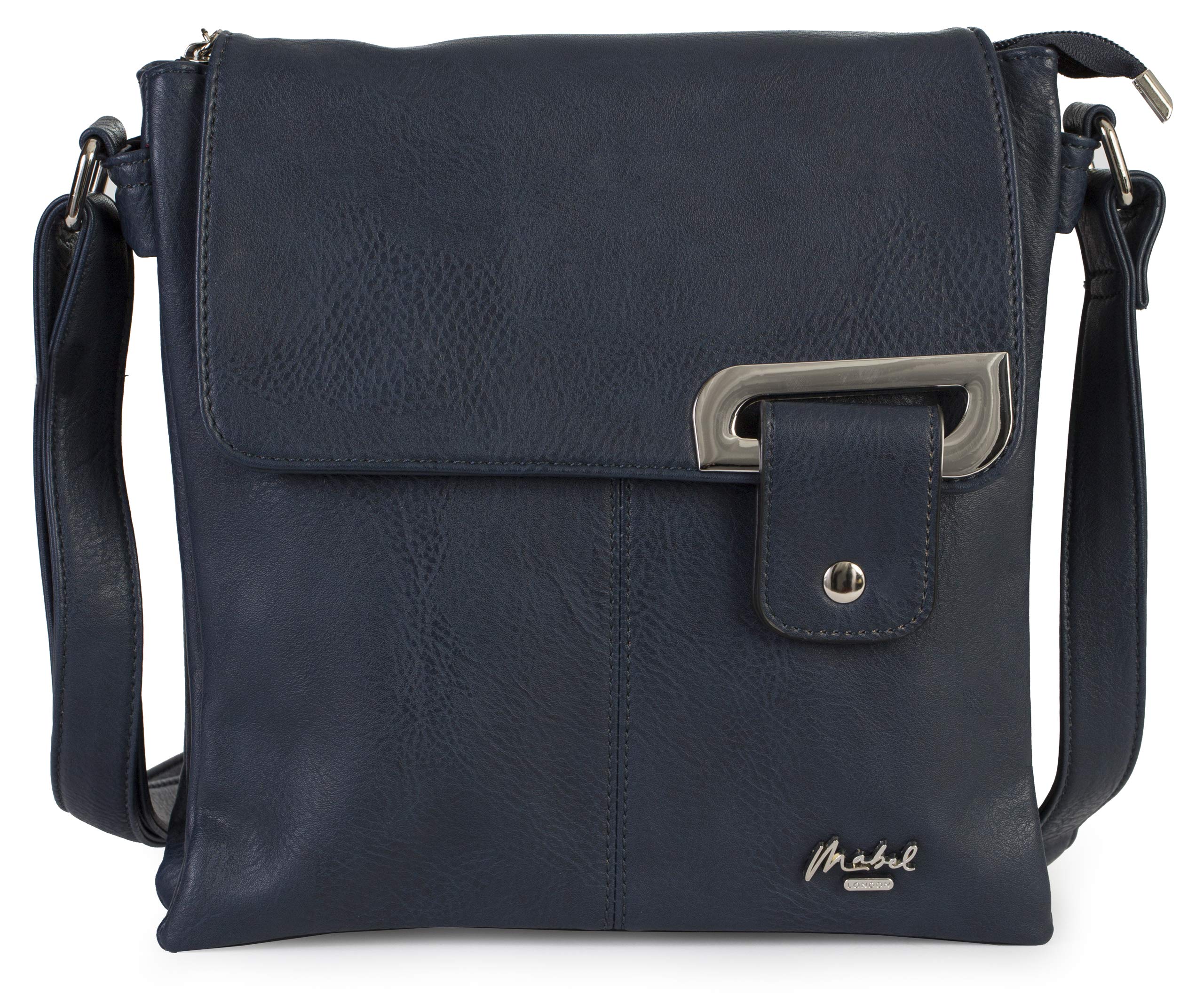 Mabel London Women's Crossbody Messenger Bag – Medium Shoulder Handbag with Adjustable Strap and Gold or Silver Trim – Faith (Navy - Silver Trim)
