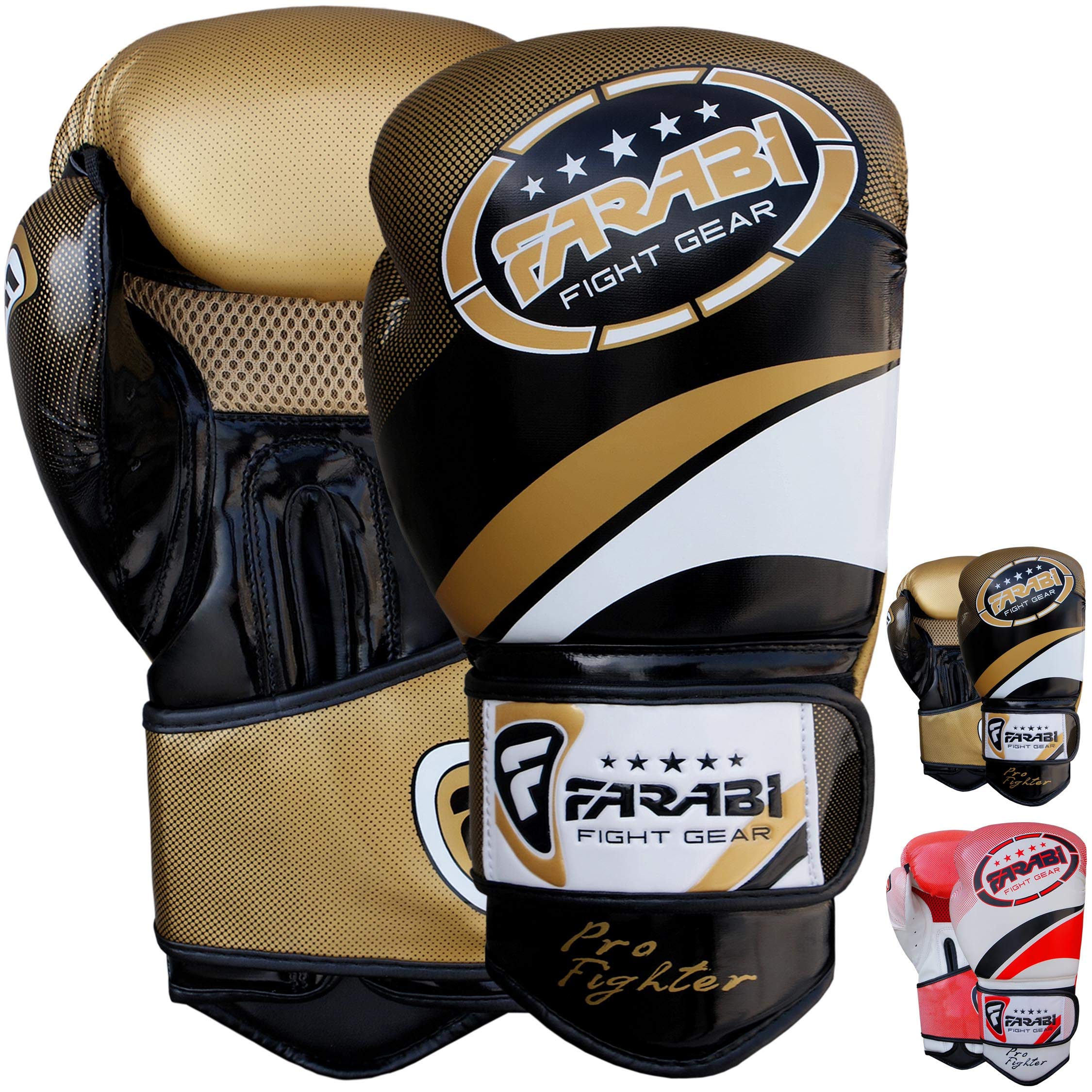 Farabi Boxing Gloves Training Sparring Punching Bag Focus Pads Training Gloves Pair 8-oz 10-oz 12-oz 14-oz 16oz (White/Gold, 14-oz)