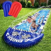 TOY Life Race Car Water Slide, 20 Ft, 2 Lanes, 2 Bodyboards, Ages 3-10 | Built-in sprinkler, cushioned splash pool, connects to garden hose, 6 ground stakes, heavy-duty PVC, summer birthday gift