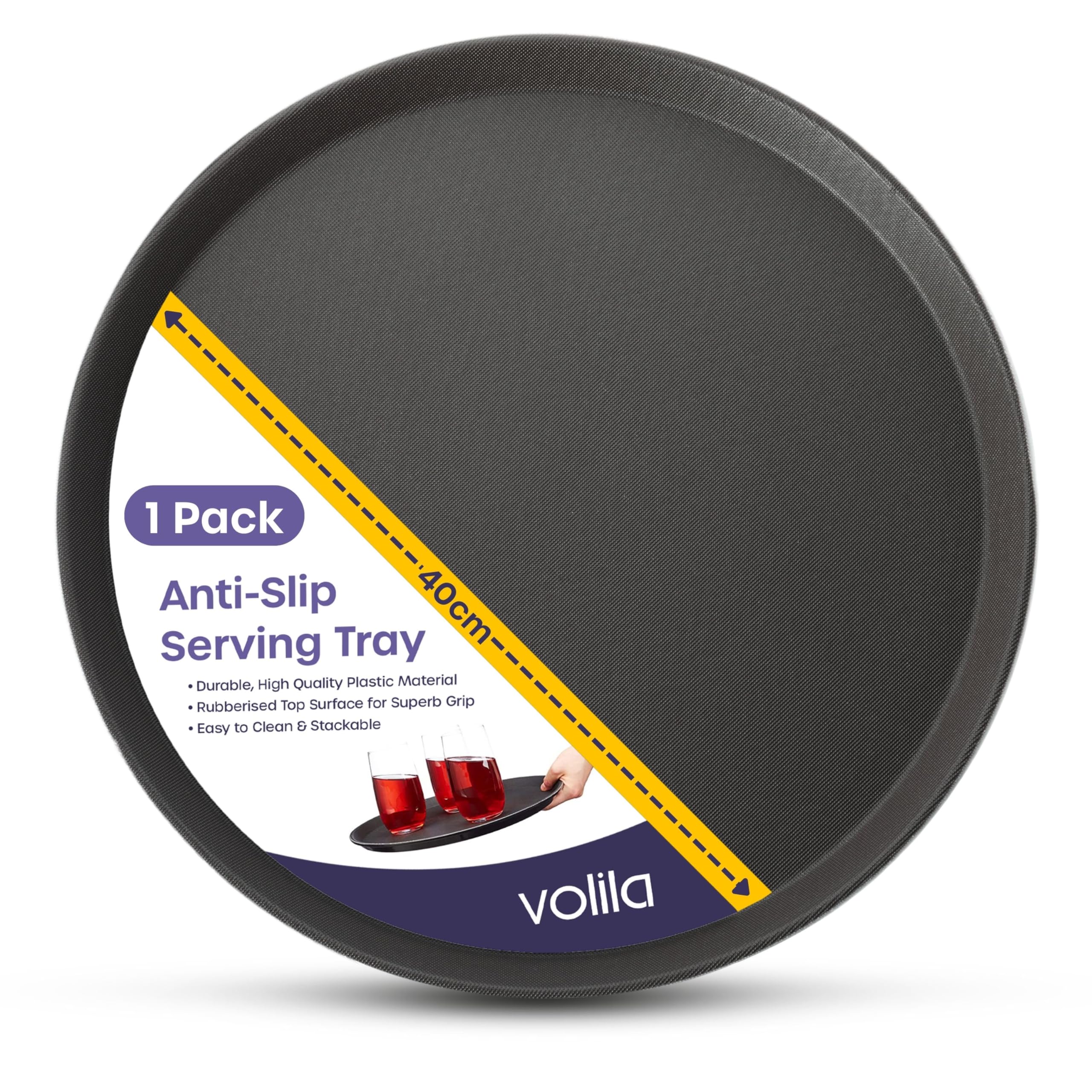 Black Round Tray - 40cm (1 Pack) Rubberized Round Trays for Food Serving and Drinks - Dishwasher Safe Non Slip Tray for Parties, Gatherings, Bars, Restaurants, and Home Use
