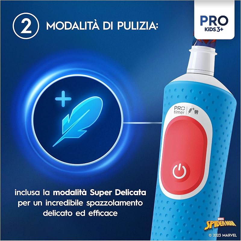 Spazzolino Elettrico Ricaricabile Pro Kids Marvel Spiderman, 1 Testina, per Bambini da 3 Anni in Su, 1 Spazzolino