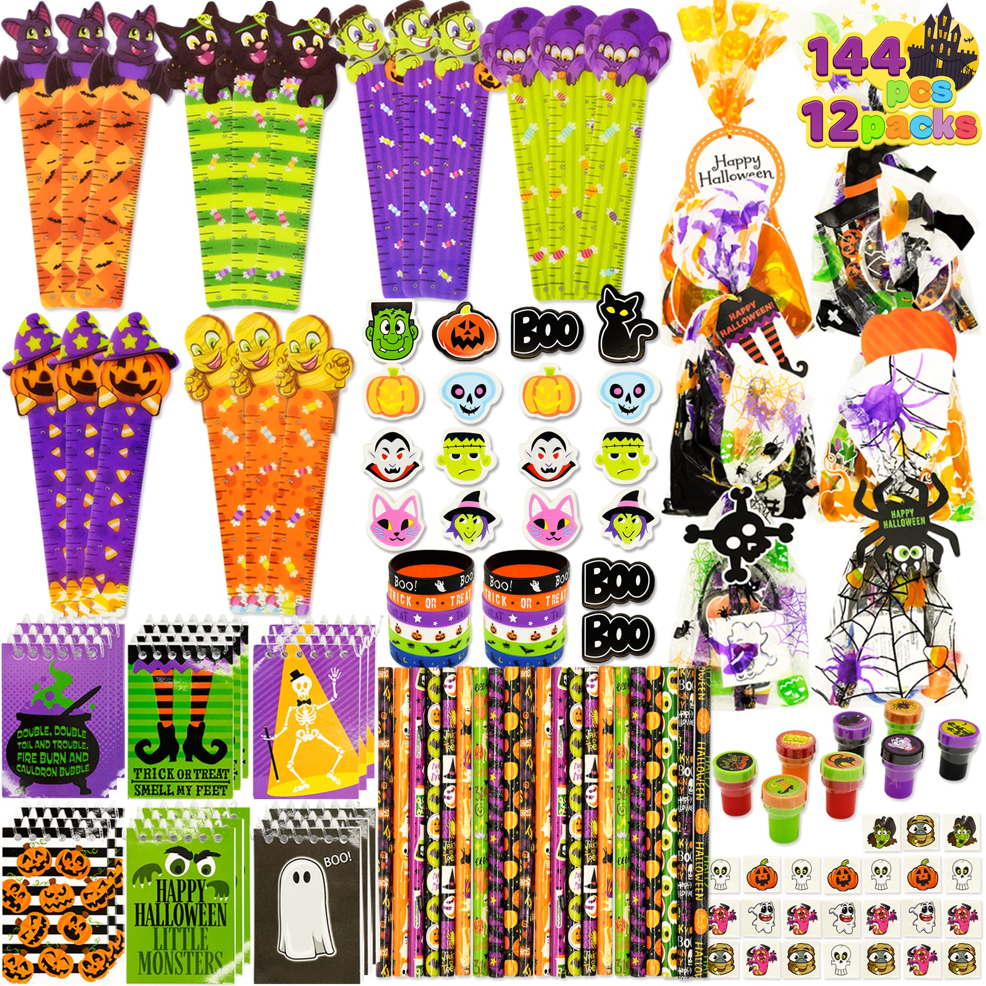 JOYIN 144 pc Halloween Party Favors Set, 12 Pack Prefilled Goody Bags & Stationery Set with Halloween Themed Pencils, Rulers, Erasers, Notepads, Foam Stickers