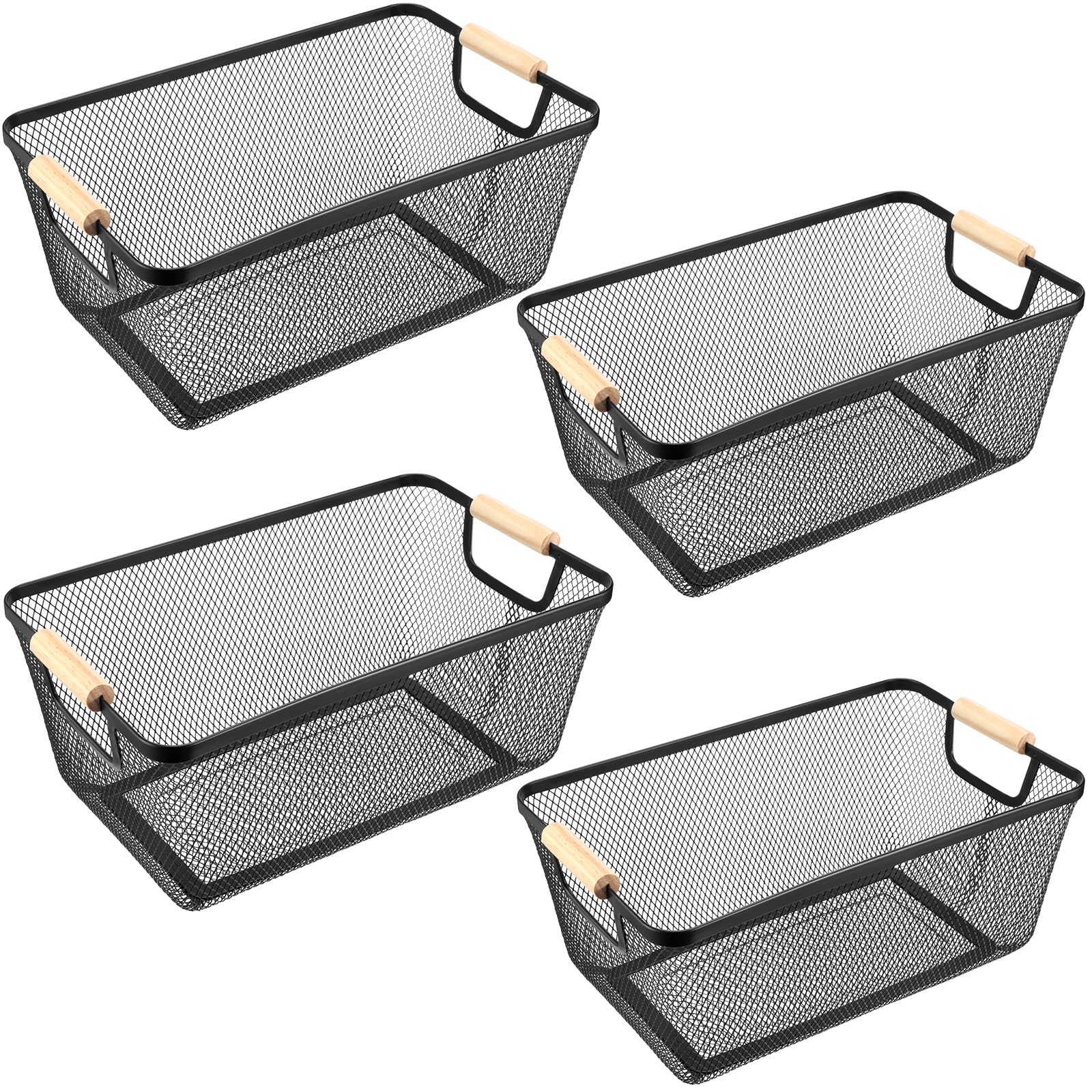 Ziliny 4 Pcs Metal Wire Basket with Wooden Handles Mesh Steel Large, Black