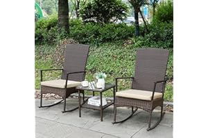OASISHINE Outdoor Rocking Chair 3 Pieces High-Backed Rocking Chair Patio Rocking Chairs Outdoor Table, Khaki
