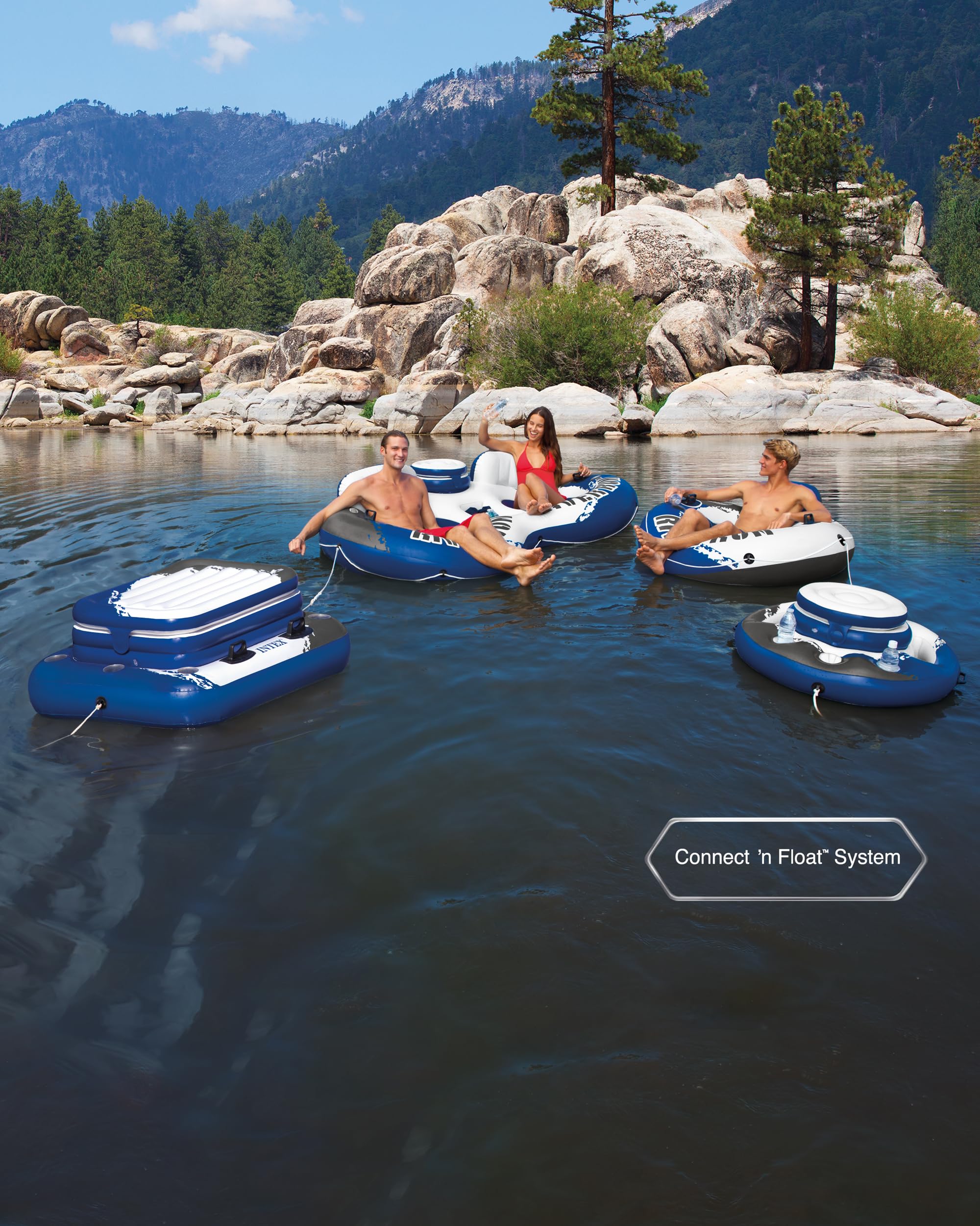 Intex 58837EP River Run 2 Inflatable Floating Lounge: Comfortable Backrests – Built-in Cup Holders – Cooler with Lid – 2 Person – 440lb Weight Capacity