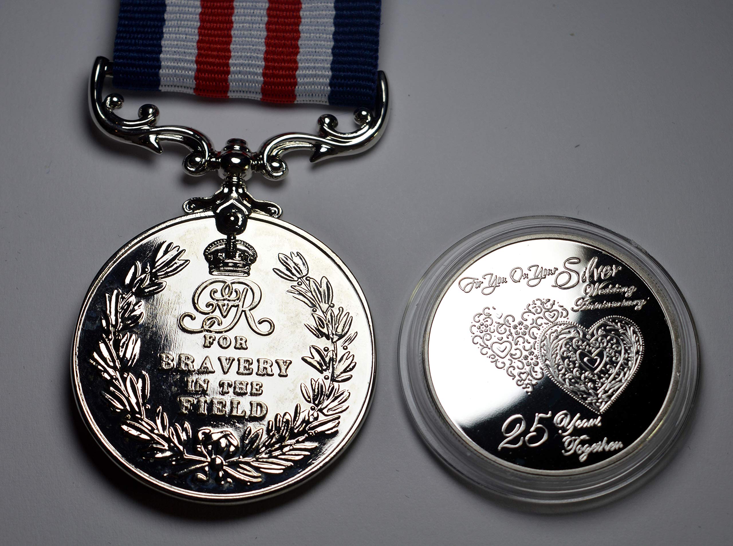 25th SILVER WEDDING ANNIVERSARY Commemorative & Capsule with 'Bravery in the Field' Service Medal! Gift/Present 25 Years Together 999 Silver