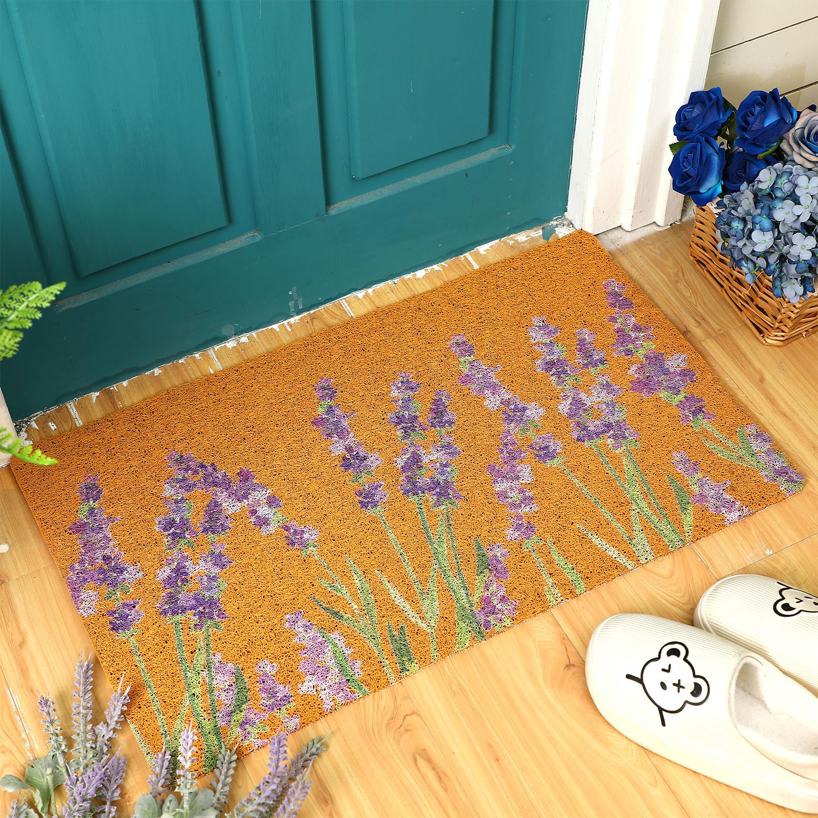 Drydiet Floral Coir Doormat and Spring Wreath Set Flower Welcome Door Mat for Front Door 17.7 x 29.5 Inch Coco Coir Doormat Summer Porch Decor for Garden Garage Patio Home Entrance(Lavender) - Image 5
