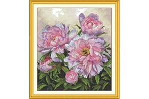 CROSSDECOR Stamped Cross Stitch Kits Full Range of DIY Needlepoint for Adult Beginners Peony Pattern, for Gift and Home Decor 14CT 2 Strands 12.6×13.7 inch