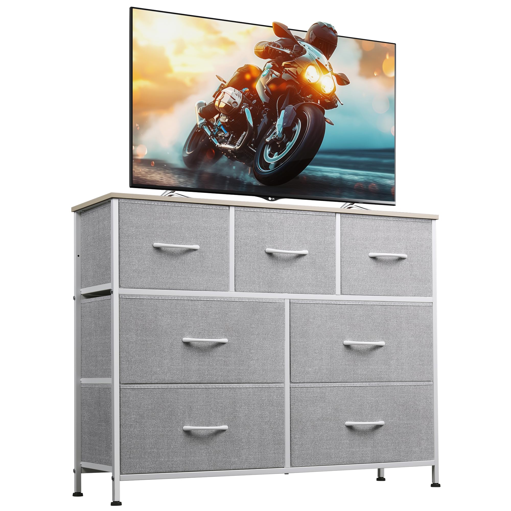 Photo 1 of *COLOR MAG VARY*WLIVE 7 Drawer Dresser TV Stand, Entertainment Center, Media Console Table with Metal Frame and Wood Top for TV up to 45 inch, Chest of Drawers for Bedroom, Living Room, Light Grey