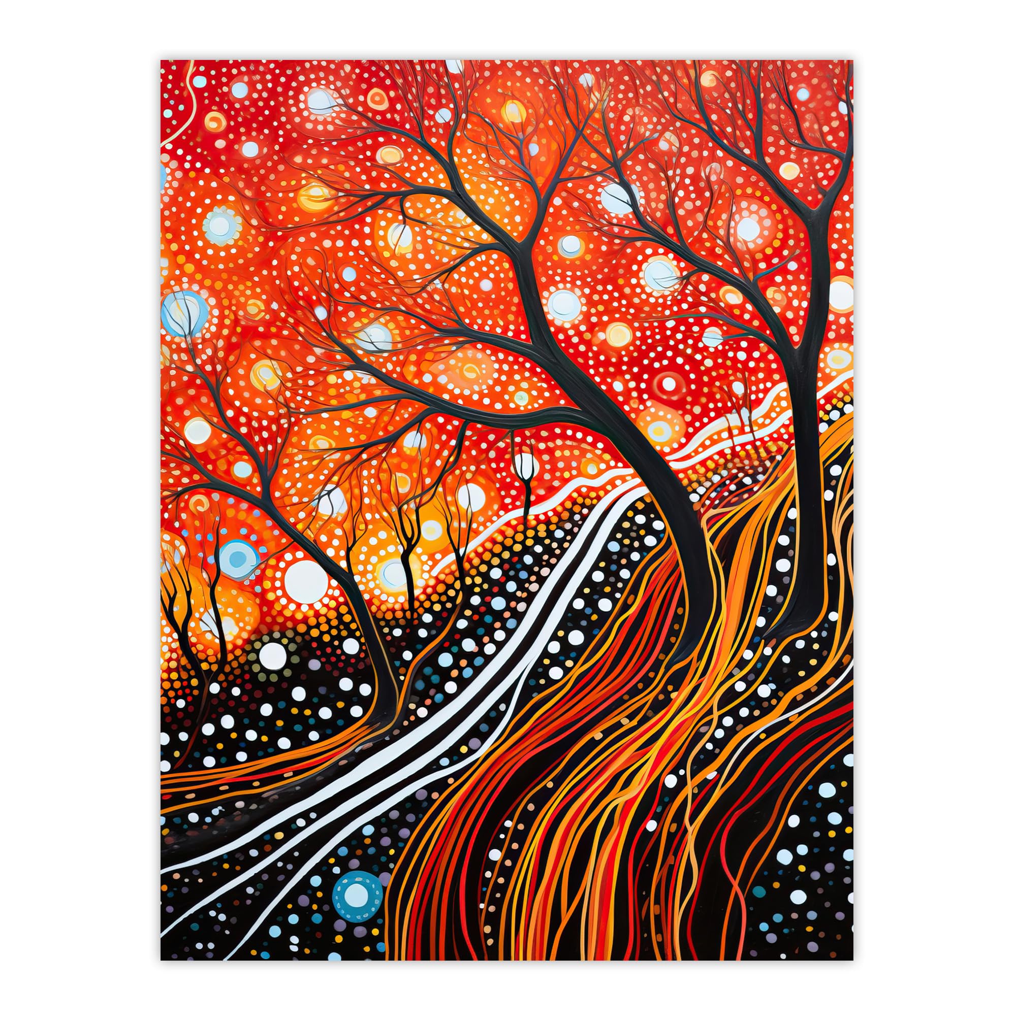 Artery8 Modern Vibrant Striking Aboriginal Style Artwork Painting Reds Orange Trees And Roots Stars And Sky Extra Large XL Wall Art Poster Print