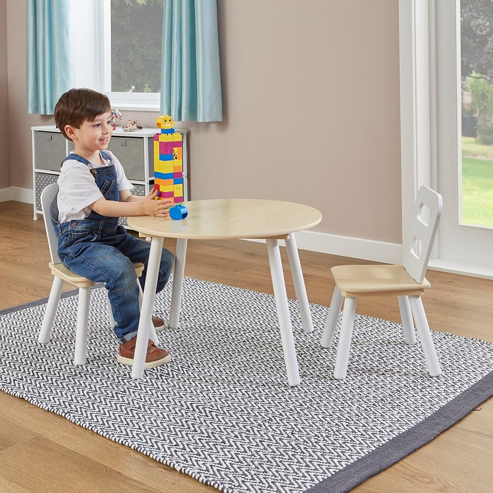 Liberty House Toys Kids Wooden Round Table & 2 Chairs Set, White Pine