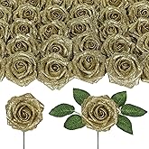 Uznaeoi Gold Glitter Roses 30PCS 3.15" Artificial Roses with Stems for DIY Wreath Wedding Christmas Home Party Decor