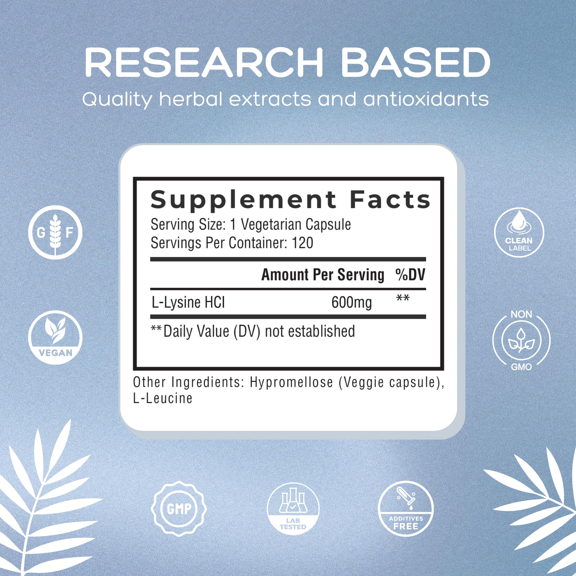 Palmara Health Clean L-Lysine 600mg, 120 Capsules | Vegan, Non-GMO, & Gluten Free