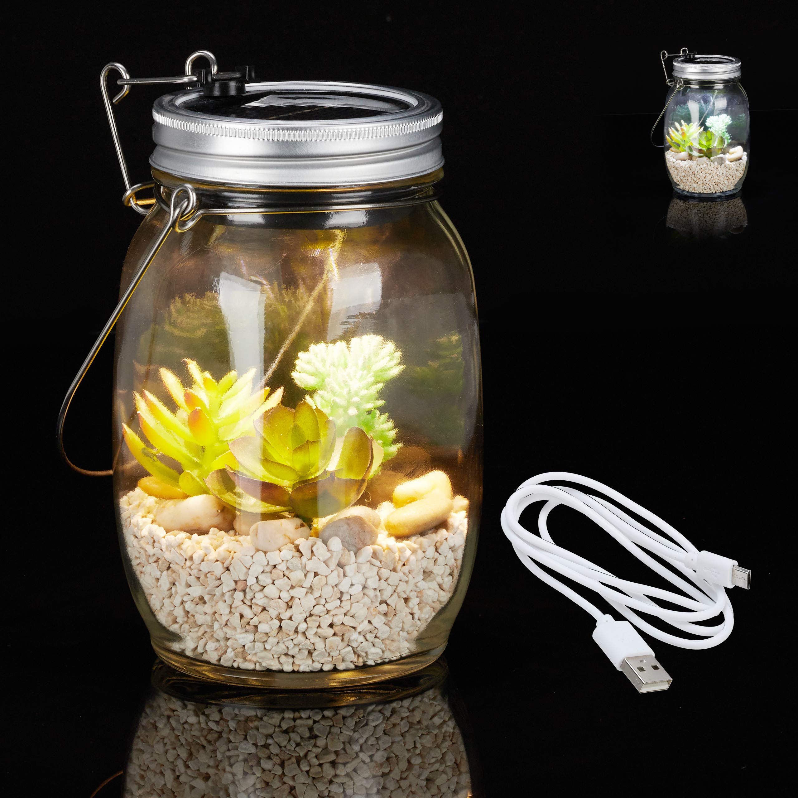 Relaxdays Solar Lamp Glass Solar Light 8 LEDs Warm & Cool White USB Cable Solar Glass Indoor & Outdoor Transparent 1 Piece