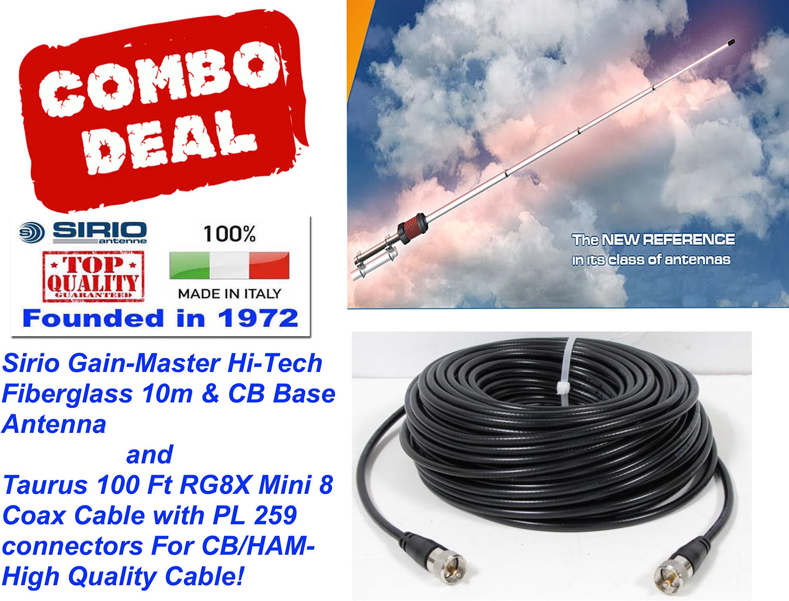 Sirio Gain-Master Hi-Tech Fiberglass 5/8 Wave 10m & CB Base Antenna w/100 Ft Coax