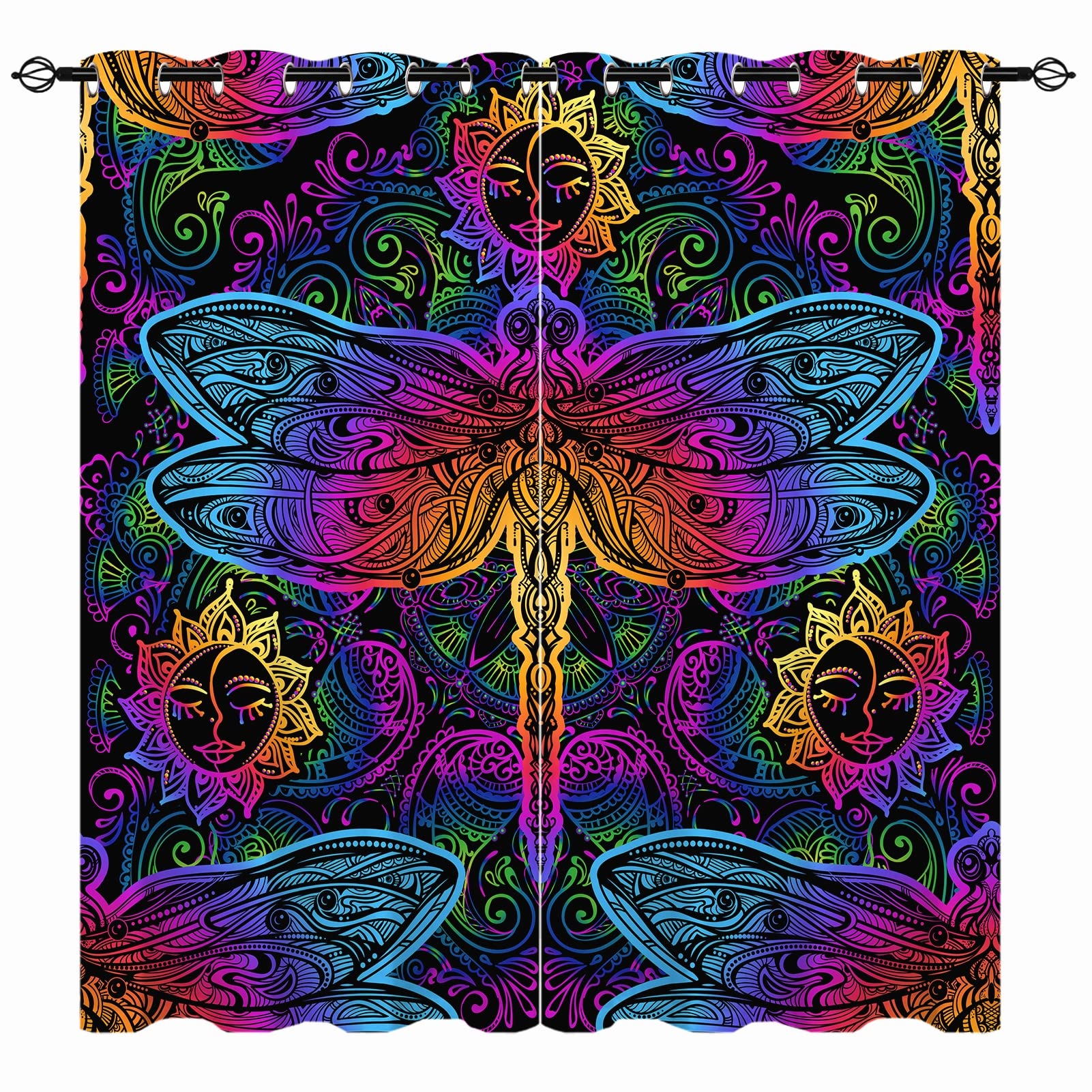 YUANZU Dragonfly Curtains - Colorful Arabic Indian Japanese Mandala Element Paisley Print Pattern Eyelet Blackout Thermal Insulated Window Drapes for Bedroom Living Room 2 Panels W117cm x D137cm