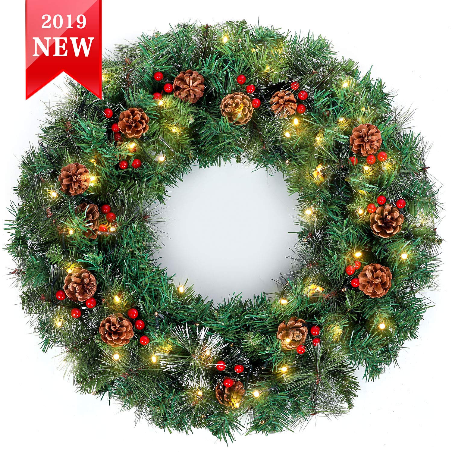 Souarts 24" Christmas Wreath, Lighted Christmas Wreath (Without Battery), Front Door Wreath for Indoor Outdoor Home Office Wall Wedding Holiday Christmas Decor