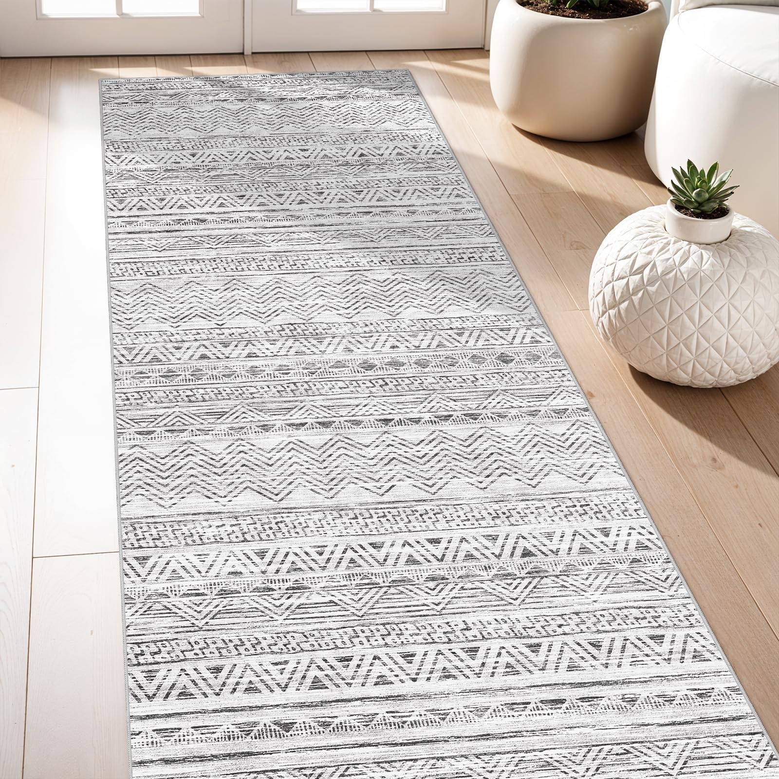 Photo 1 of 3x7 Washable Hallway Runner Rug - Moroccan Non-Slip Indoor Table Long Runners for Entryway Soft Low-Pile Neutral Rugs for Kitchen Waterproof Geometric Carpet for Bedroom Bathroom Laundry 3x7 Grey