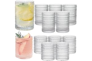 Vintage Hobnail Drinking Glasses Set of 12, 14 oz Highball Glasses & 12 oz Cocktail Glasses Set, Embossed Water Glasses Cup, 