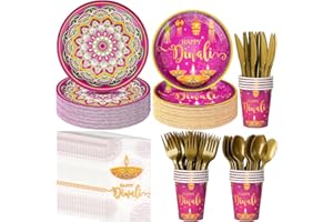 RAGNHILD Happy Diwali Paper Plates and Napkins, Diwali Party Supplies Decorations, Deepawali Festival of Lights Disposable Paper Plates Napkins Cups for Indian Diwali Light Festival Party Supplies, Serve 25