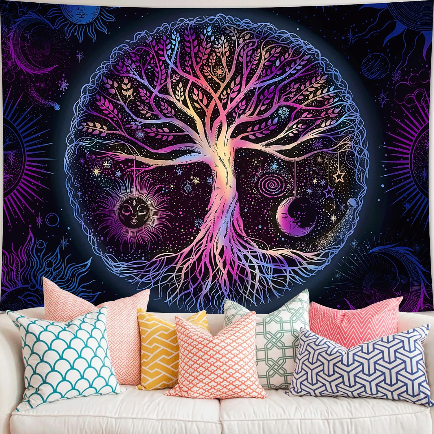 Tapestries - FORATER Tree of Life Tapestry Wall Hanging Colorful Life Tree Tapestries Aesthetic Sun and Moon Galaxy Wall Tapestry for Bedroom Living Room Dorm (61 x 82 Inch, Multicolor)