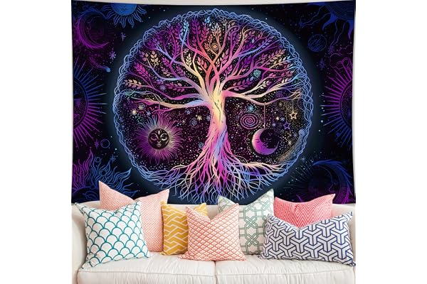 Tree of Life Tapestry Colorful Sun and Moon Wall Hanging Tapestry Spiritual Galaxy Stars Aesthetic Wall Tapestries for Bedroo