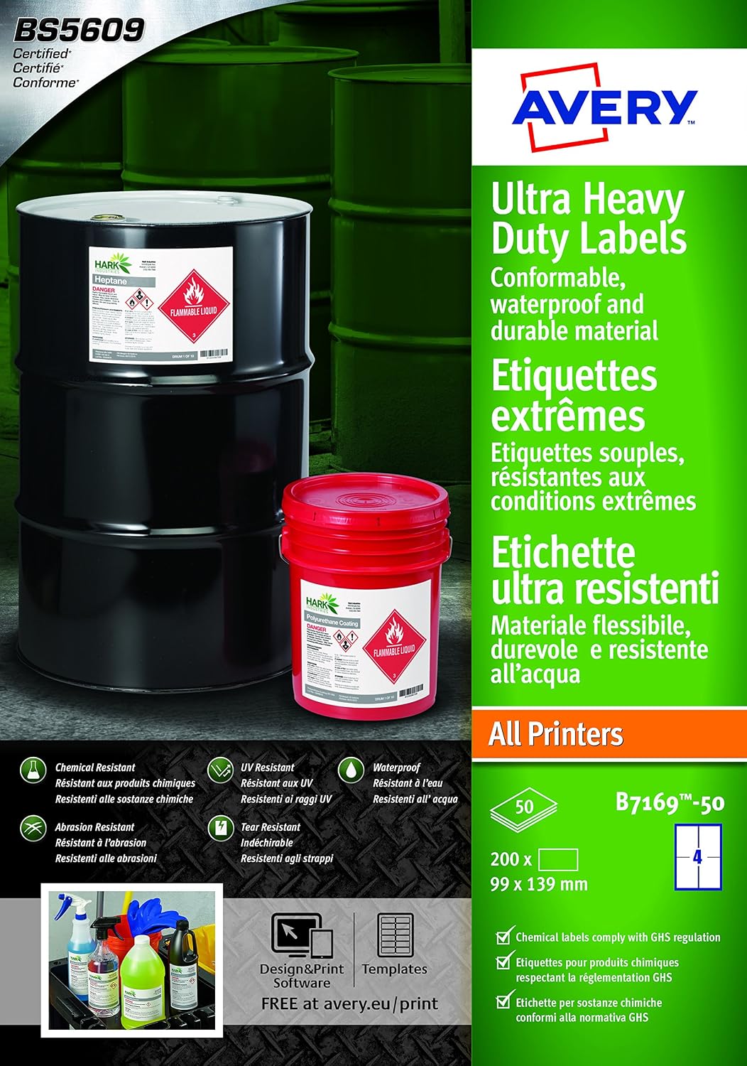 Avery B7169-50 (99 x 139mm) Extra Strong Adhesive, Ultra Heavy Duty Industrial Waterproof GHS Labels, 4 Labels Per A4 Sheet