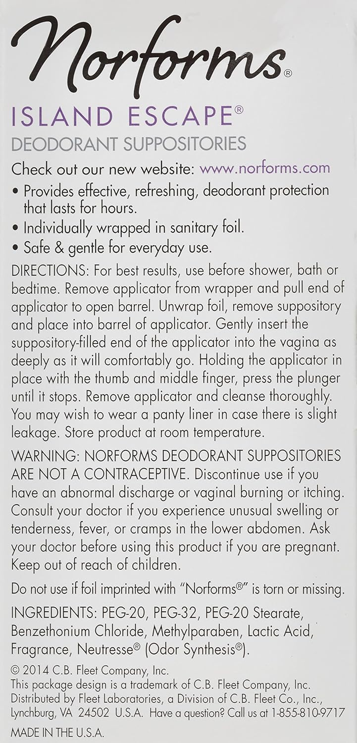 Norforms: Island Escape, Long Lasting Feminine Deodorant - 12 Suppositories : Beauty