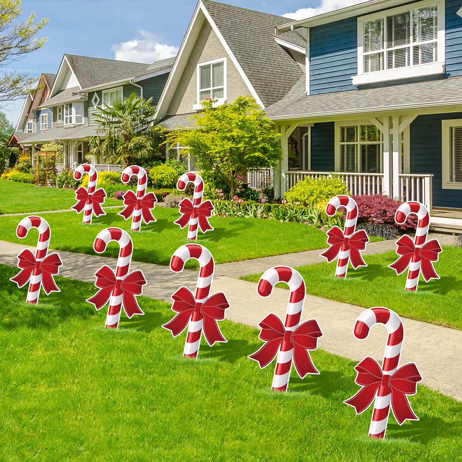 Whaline 10Pcs Christmas Yard Sign with 20Pcs Stakes Large Candy Cane Lawn Signs Waterproof White Red Stripe Candy Cane with Bow Outdoor Sign for Xmas Pathway Walkway Lawn Patio Yard Garden Decoration