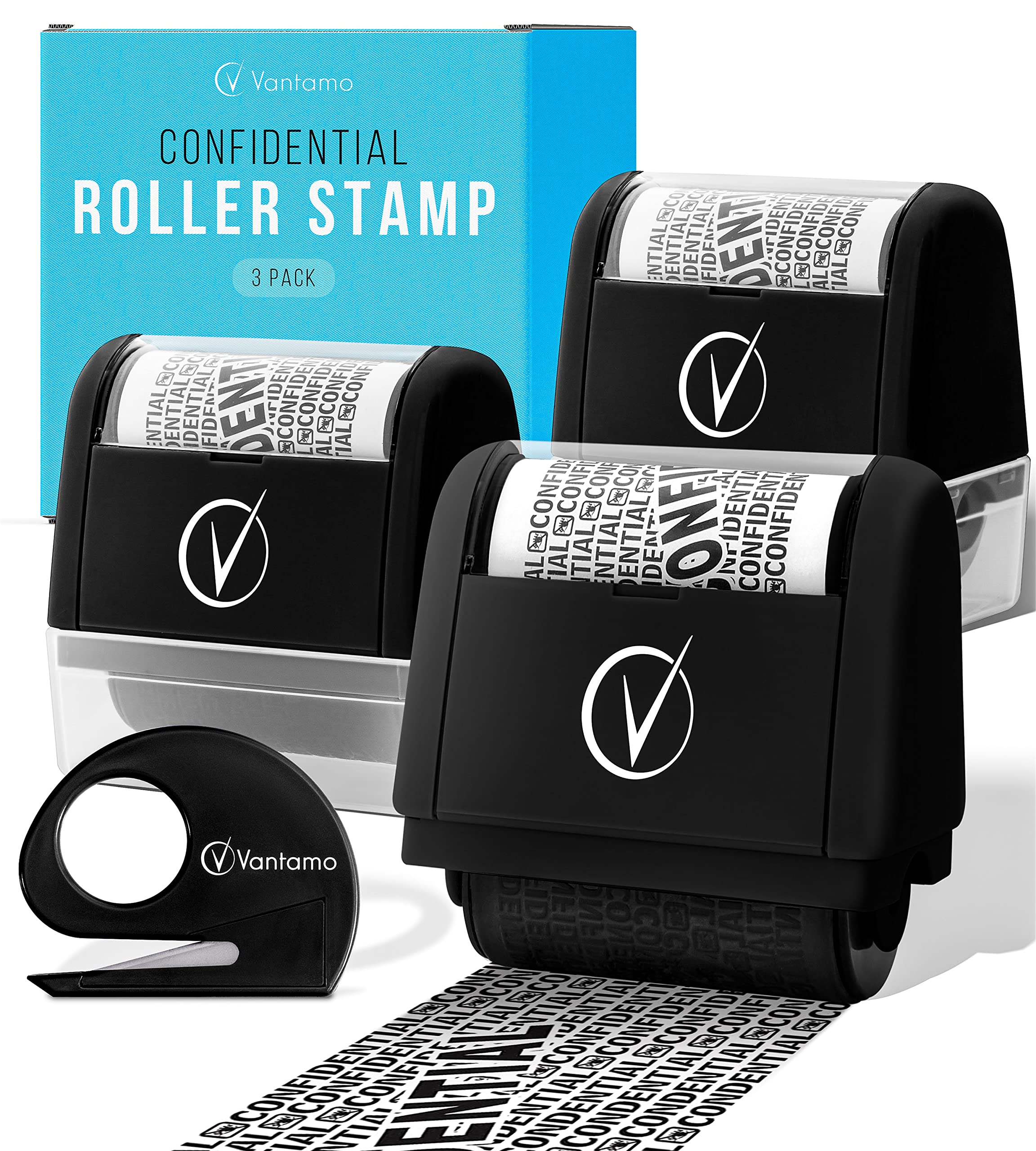 Vantamo 3 Pack Address Blocker Stamp for Hiding Sensitive Information, Wide Identity Theft Protection Roller Stamp with 1 Box Cutter, Confidential Ink Roller for Data Theft Prevention, Classy Black