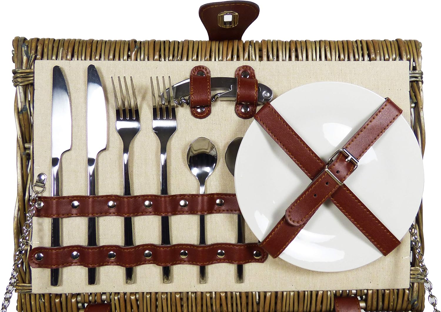 2 Person Wicker Picnic Basket with Chiller Compartment includes Stainless Steel Cutlery & Flask - Gift ideas for Valentines, Mothers Day, Birthday, Wedding, Anniversary, Corporate, Christmas - Image 5