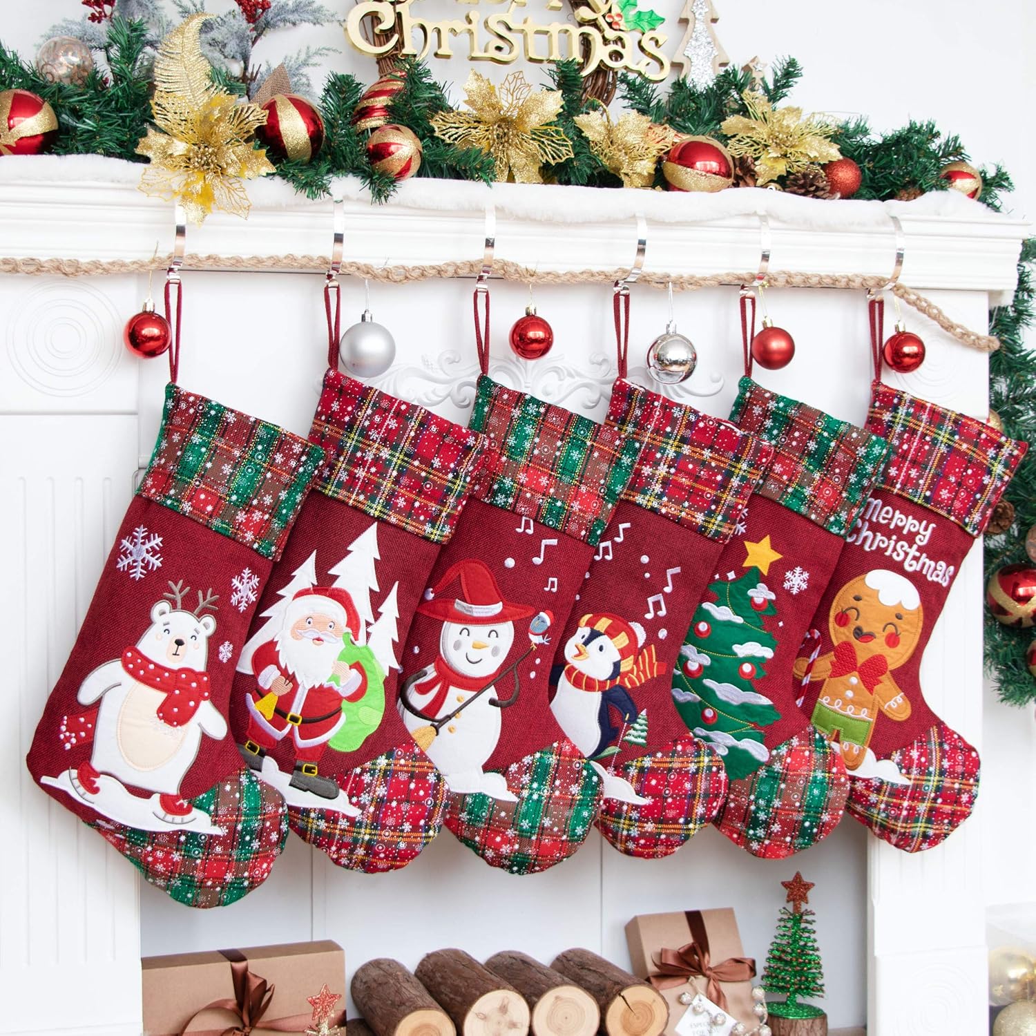 Stockings & Holders - LUBOT 6 Pack Christmas Stockings(21inch) Embroidered Linen Applique Burlap Fireplace Hanging Christmas Stocking Ornament for Family Decorations Holiday Xmas Gift