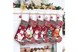 LUBOT 6 Pack Christmas Stockings(21inch) Embroidered Linen Applique Burlap Fireplace Hanging Christmas Stocking Ornament for Family Decorations Holiday Xmas Gift