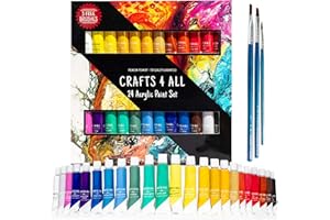 CRAFTS 4 ALL Acrylic Paint Set for Adults and Kids - 24 Pack of 12mL Paints with 3 Art Brushes, Non-Toxic Craft Paint for Easter Eggs, Ceramic Rock Paint - Art Supplies