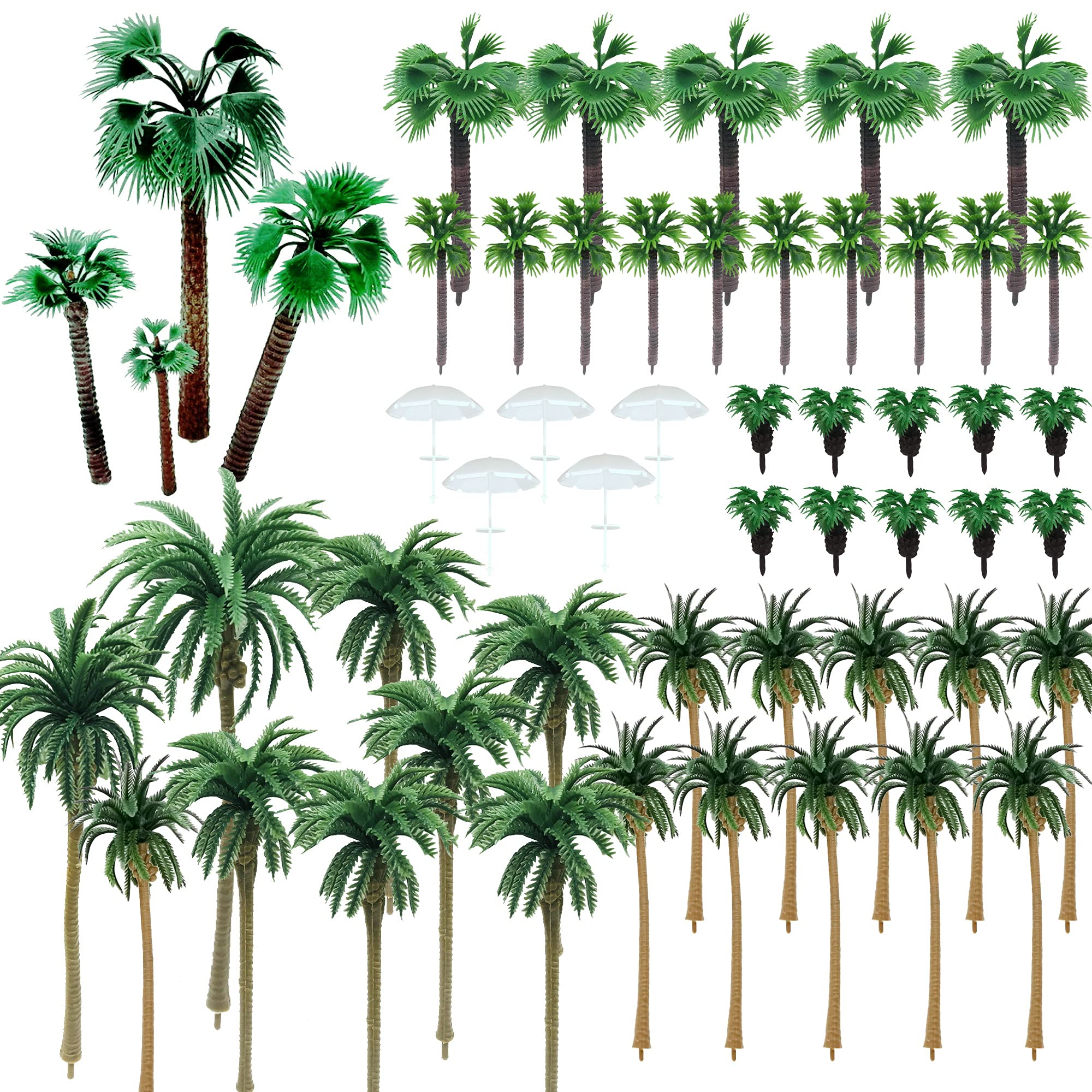 NA Woohome Pack of 44 Model Building Trees Miniature Palm Tree Plastic, Mini Palm Tree Coconut Plastic with 5 Pieces Mini Umbrella for DIY Landscape Garden Decoration, Model Landscape (Style 1)