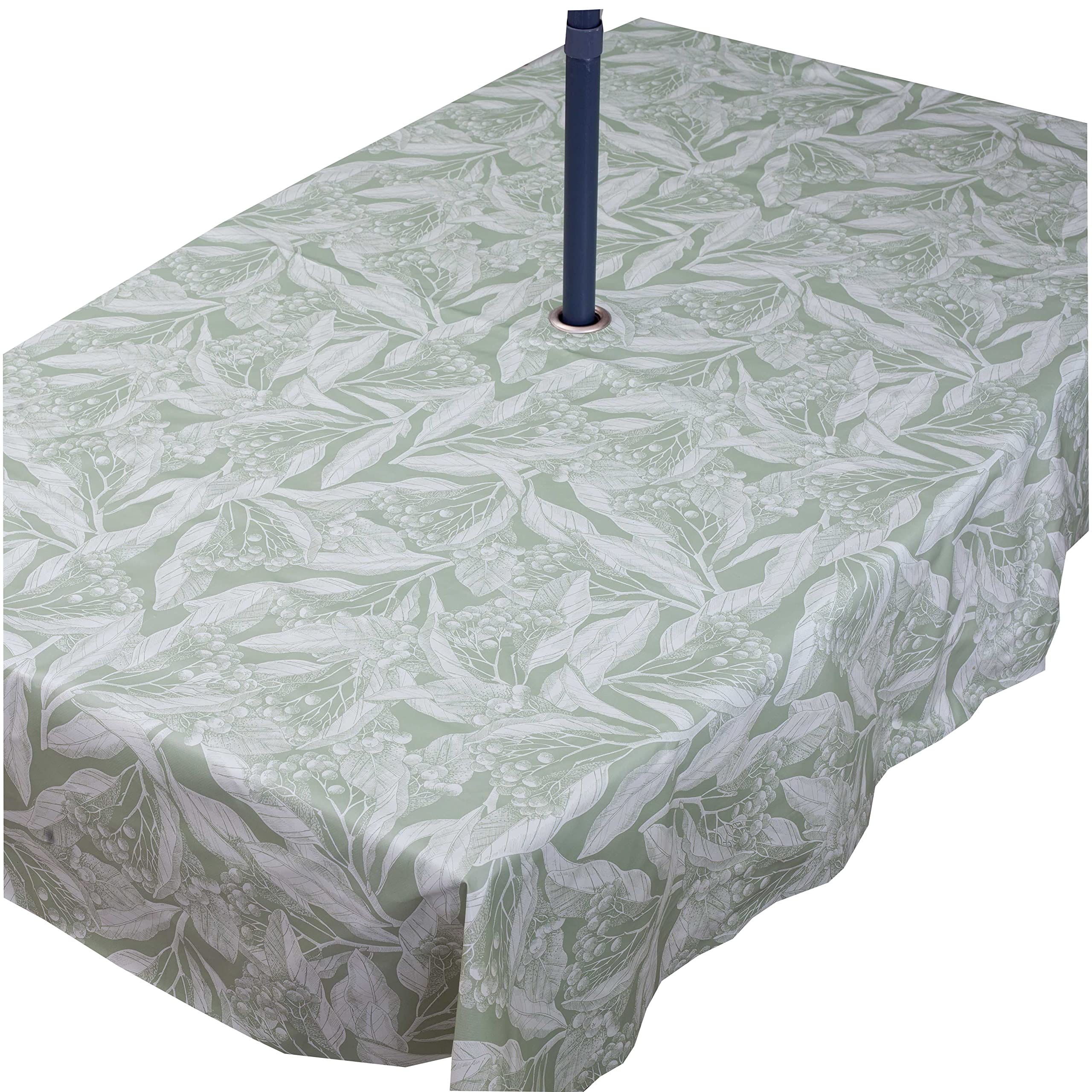 Rosie Lane PVC Wipe Clean Wipeable Garden Tablecloth with Stainless Steel Parasol Umbrella Hole in Beautiful Sage Green Berries and Leaves Design