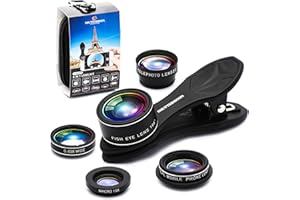 SHUTTERMOON Upgraded Phone Camera Lens Kit (5 in 1) - Macro Lens+Super Wide Angle Lens+Telephoto Zoom Lens+198 Fisheye Lens+CPL for iPhone, Pixel, Samsung, Android, Smartphones