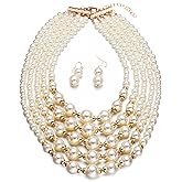 Yuhuan Women Elegant Pearl Jewelry Bead Cluster Collar Bib Choker Necklace and Earrings Set (Ivory)