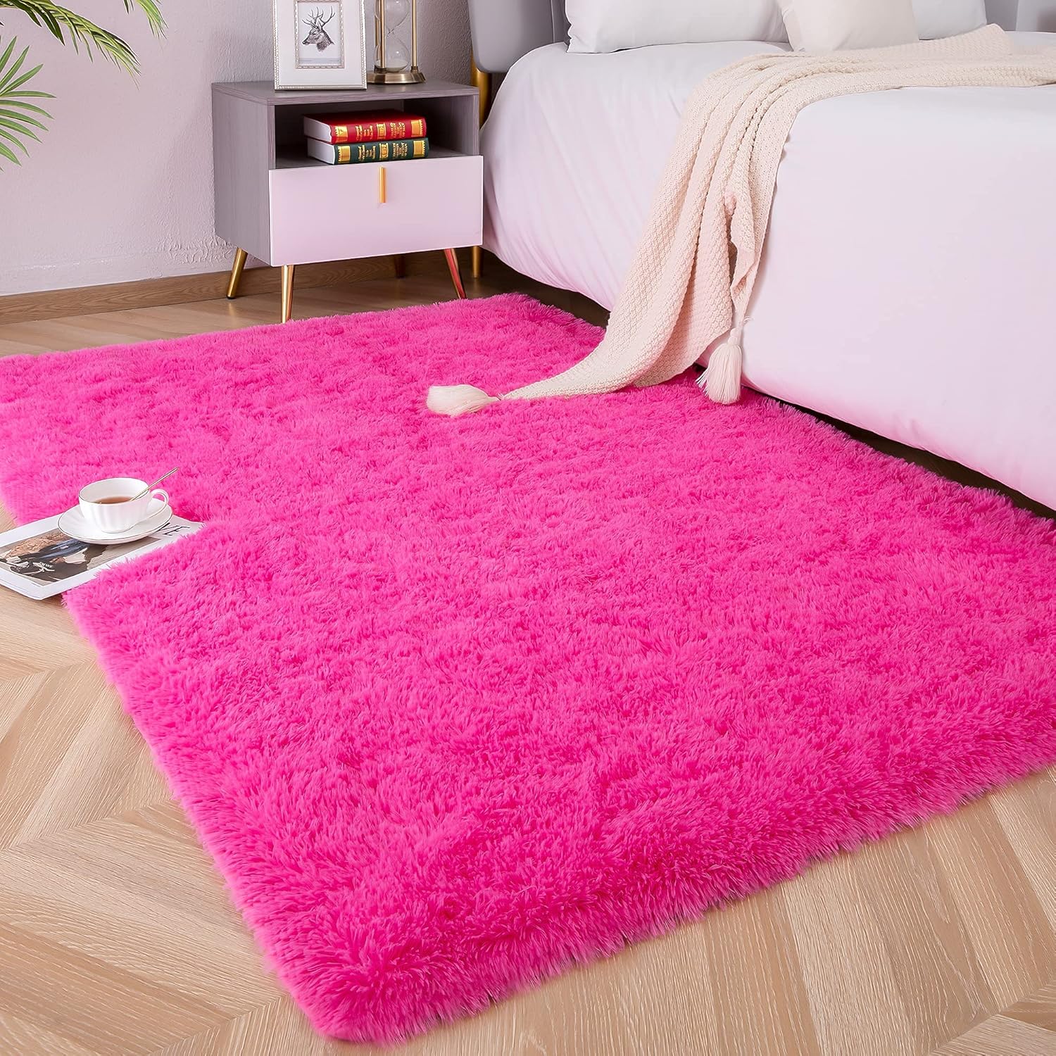 Rugs, Pads & Protectors - Foxmas Soft Fluffy Area Rugs for Bedroom Kids Room Plush Shaggy Nursery Rug Furry Throw Carpets for Boys Girls, College Dorm Fuzzy Rugs Living Room Home Decorate Rug, 4ft x 6ft, Hot Pink