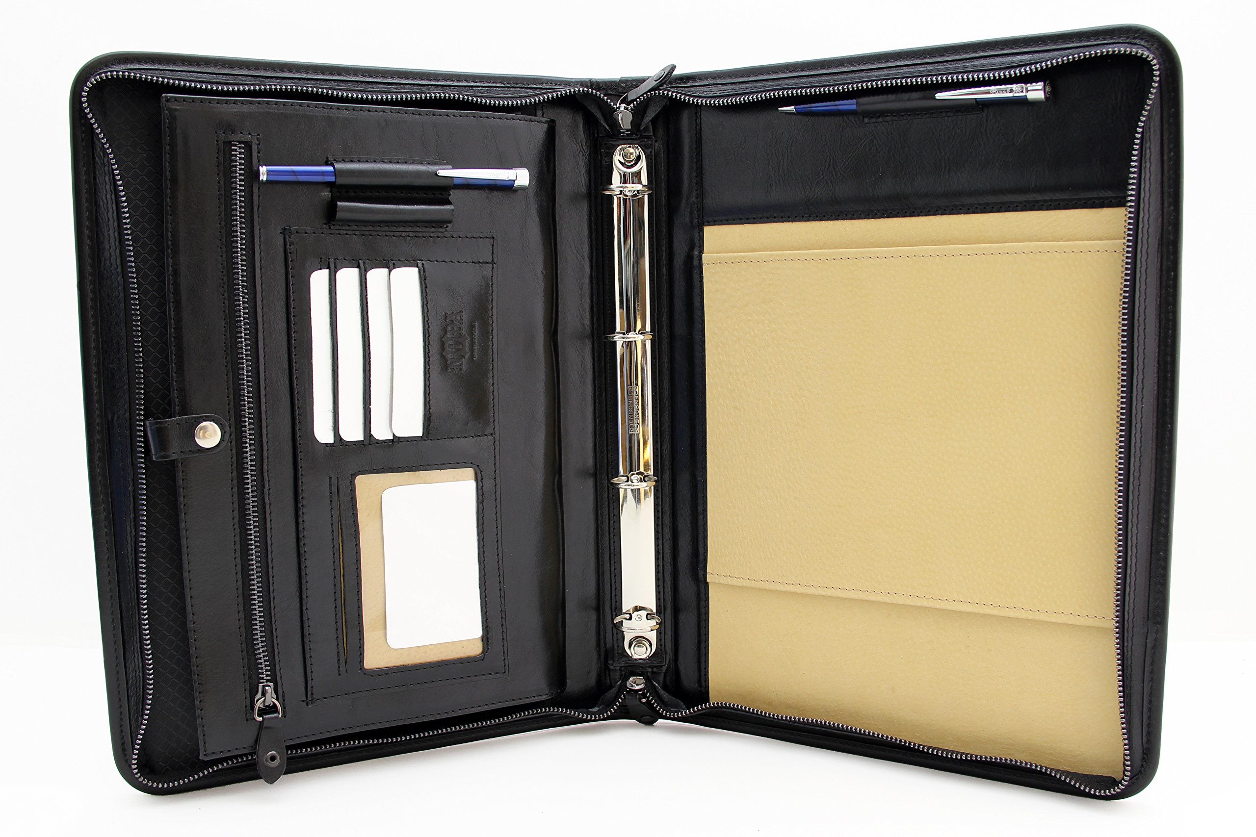 Noda Leather Padfolio Ring Binder Professional Portfolio (Black)