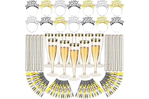 Hanaive 120 Pieces New Year's Eve Party Supplies for 30 People Happy New Year Noise Makers Hair Hoop Tiara Disposable Champagne Flutes Bead Necklaces for Kids Adults New Year's Party Favors 2024