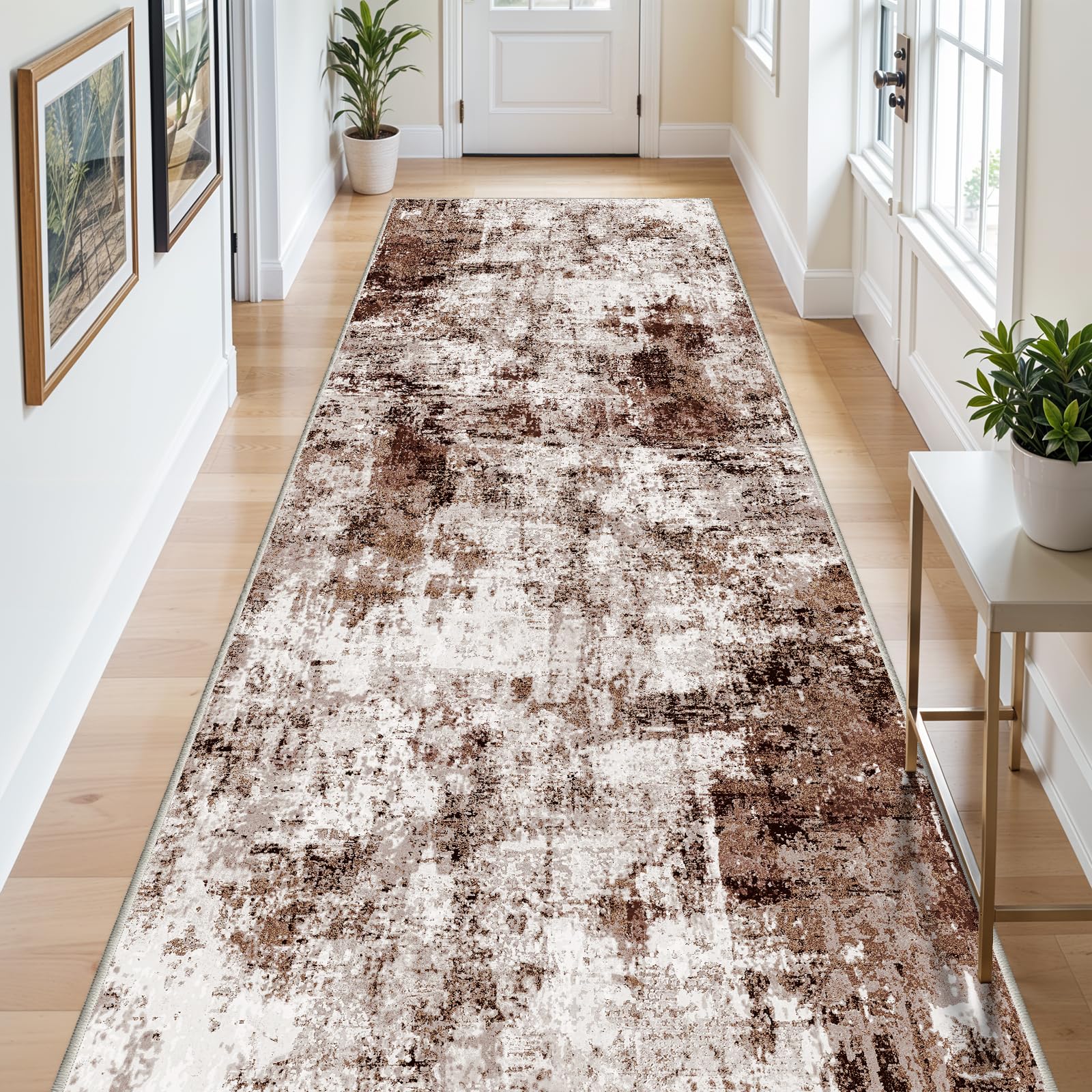 4x8 Wide Washable Runner Rug: Easy-to-Clean Runners for Hallway Entryway Kitchen Bedroom Living Room - Stain and Water Resistant Rugs with Non-Slip Backing - Soft Low-Pile Carpet Brown Khaki White Image