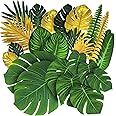 Palm Leaves for Tropical Party Decorations - 84 Set of 19 Types Artificial Tropical Gold and Green Monstera Supplies - Fake L