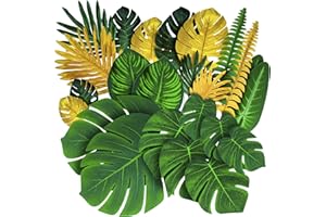 DECOPOM Palm Leaves for Tropical Party Decorations - 84 Set of 19 Types Artificial Tropical Gold and Green Monstera Supplies - Fake Leaf Plant for Jungle Safari Hawaiian Night Theme Party Birthday Placemats