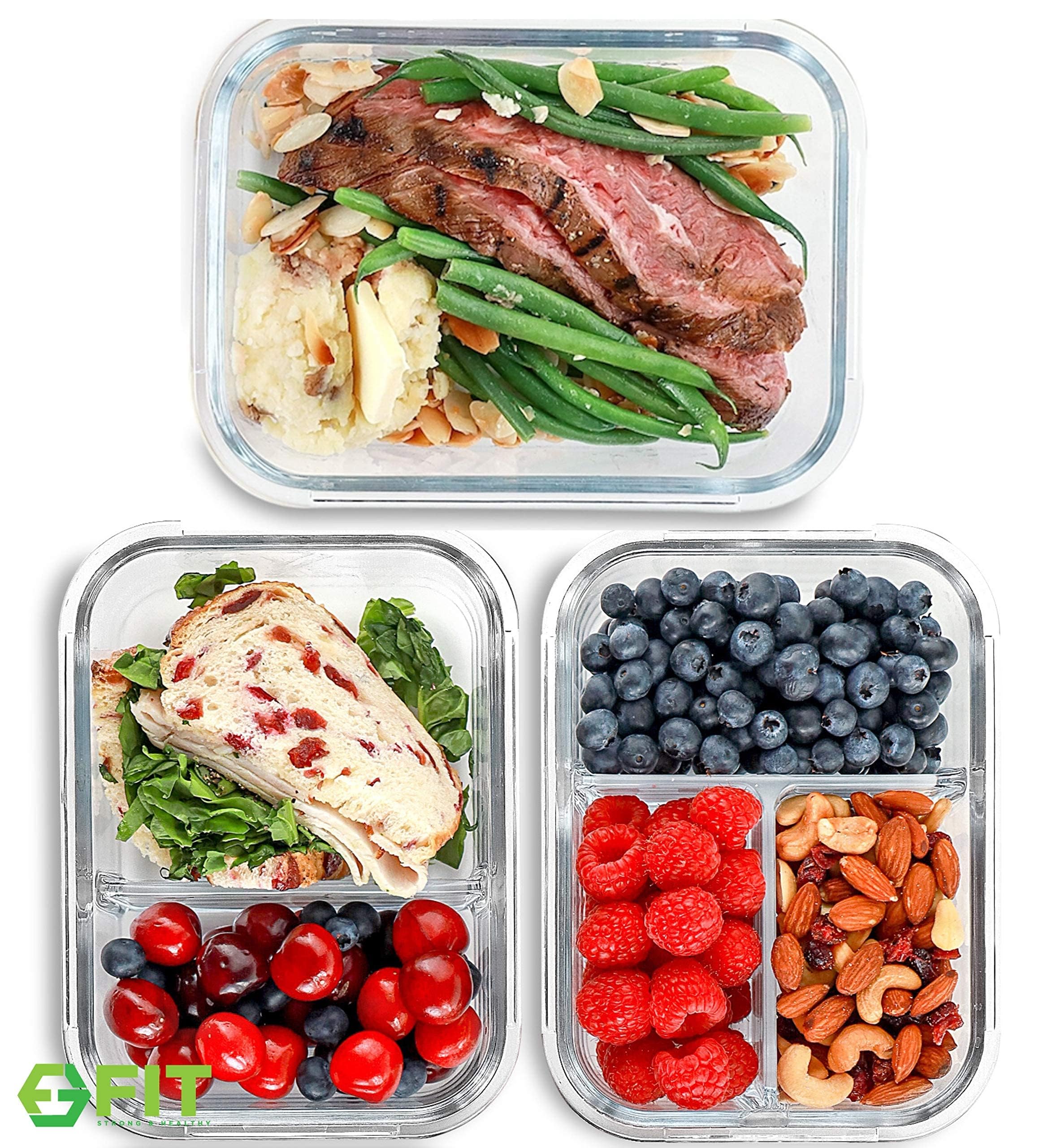 FIT Strong & Healthy 1 & 2 & 3 Compartment Glass Meal Prep Containers (3 Pack, 1000 ML) - Food Containers | Glass Lunch Containers | Food Prep Containers | Bento Box | Reusable Dishes