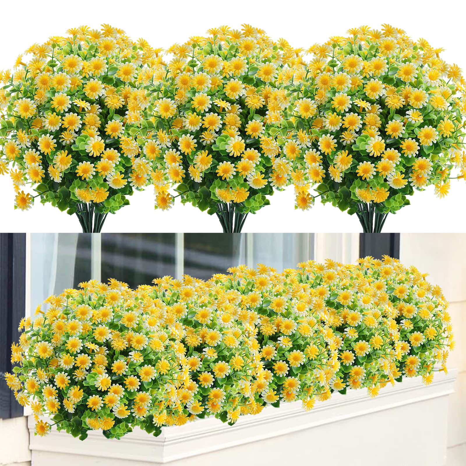 GREENRAIN 6 Bundles Artificial Small Daisy Flowers Outdoor Fake Flowers for Decoration No Fade Faux Plastic Flower Garden Porch Window Box Décor (Yellow)