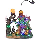 Valery Madelyn Halloween Decorations, Lighted Halloween Village Houses with Music and LED Lights, Resin Spooky Town Flying Witch and Haunted House for Home and Party Table Desk Mantel, 12 Inch