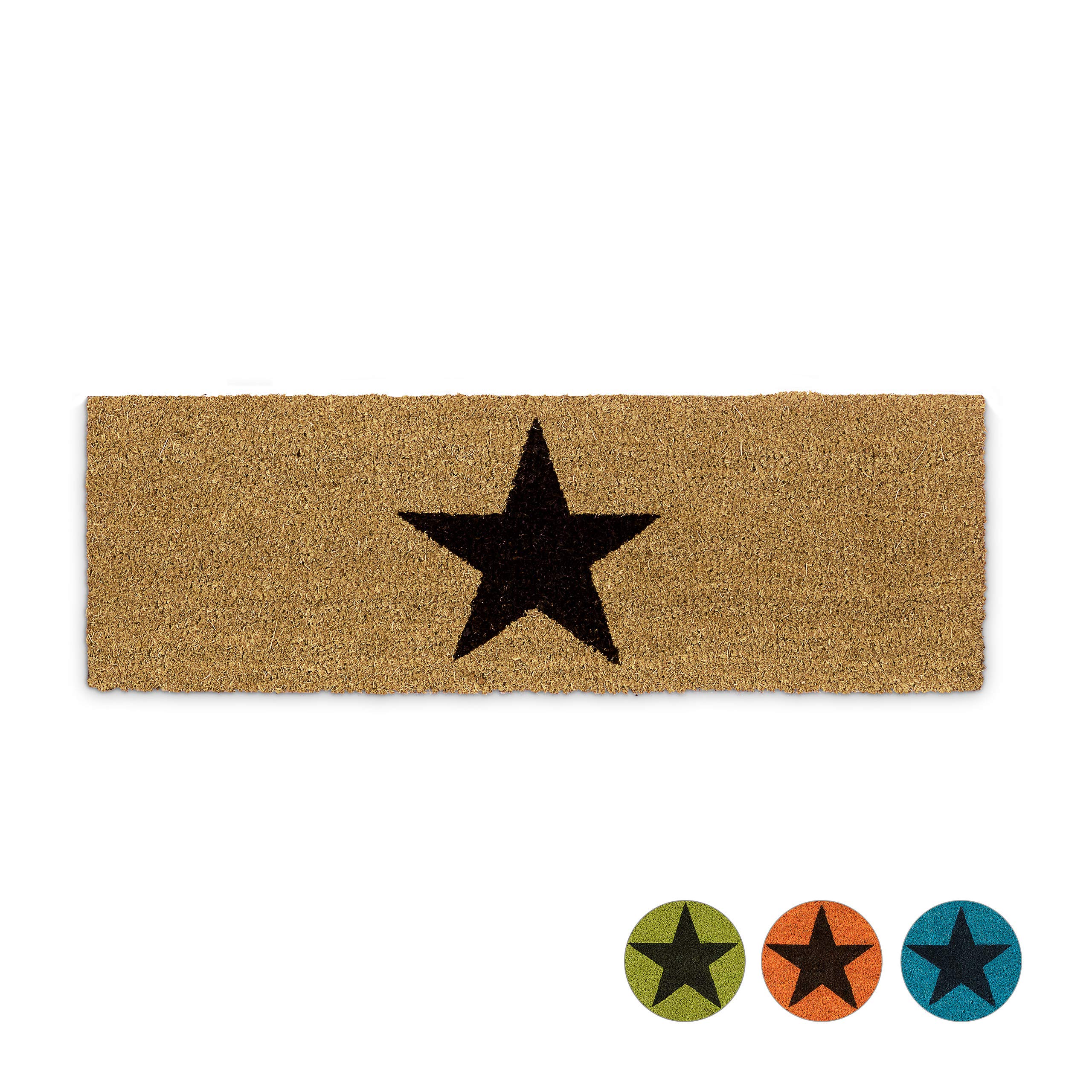 Relaxdays Narrow Coir Doormat with Large Black Star for Indoors and Outdoors w/ Anti-Slip Underside Long Welcome Mat 1.5 x 75 x 25 cm, Natural Brown