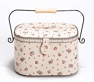 Prym Nähkorb Country Rose mit Griff, Leinen/Metall/Holz, elfenbeinfarben, L, 30 x 20,5 x 19 cm